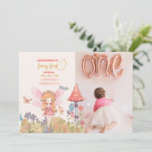フォトフェアリー最初の魅惑されたウッドランド1歳の誕生日 招待状 (スタンド正面)