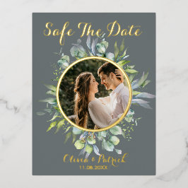 フォトフォイルを入れた緑の水色のユーカリ 箔招待状ポストカード