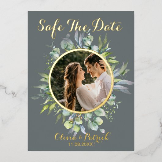 フォトフォイルを入れた緑の水色のユーカリ 箔招待状ポストカード (正面)