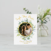 フォトフォイルを入れた緑の水色のユーカリ 箔招待状ポストカード (立ち正面)