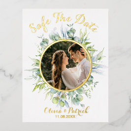 フォトフォイルを入れた緑の水色のユーカリ 箔招待状ポストカード