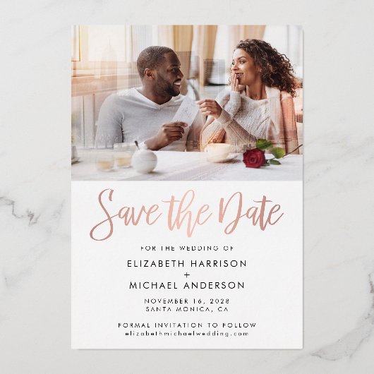 フォトフォイルモダンセーブ・ザ・デート案内 箔招待状 (裏面)