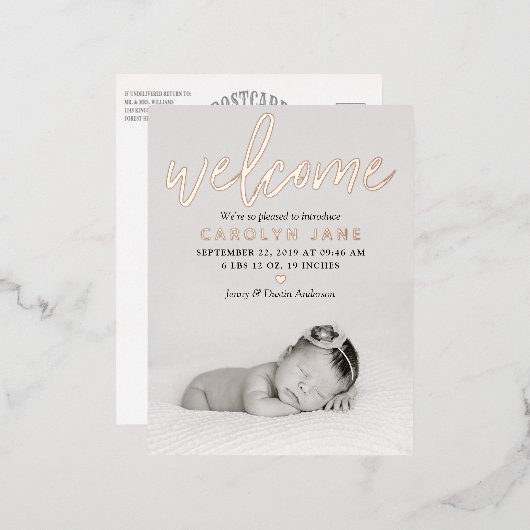 フォトフォイル実在誕生発表「ようこそ」 箔招待状ポストカード (正面/裏面)