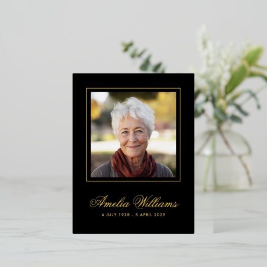 フォトフォイル縁ど悔やみや弔慰ブラックサンキューカード 箔招待状ポストカード (立ち正面)