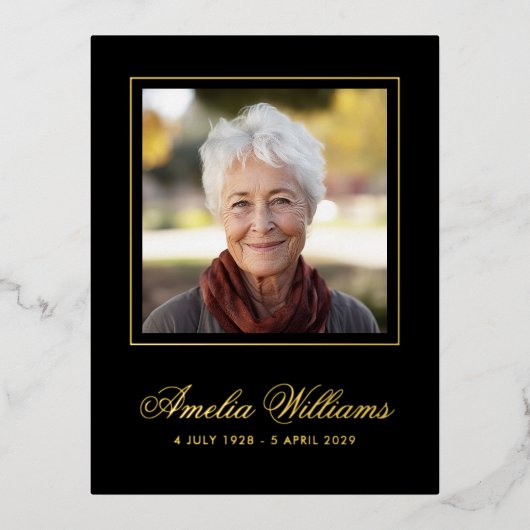 フォトフォイル縁ど悔やみや弔慰ブラックサンキューカード 箔招待状ポストカード (正面)