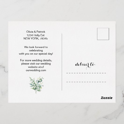 フォトフォイルfと緑の水の色ユーカリ 箔招待状ポストカード (裏面)