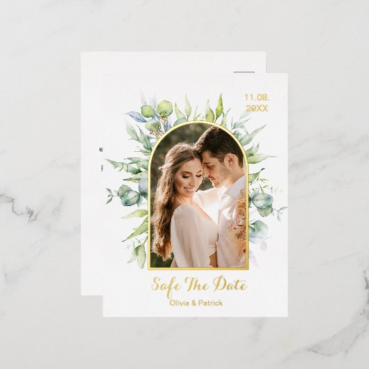 フォトフォイルfと緑の水の色ユーカリ 箔招待状ポストカード (正面/裏面)