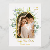 フォトフォイルfと緑の水の色ユーカリ 箔招待状ポストカード (正面)