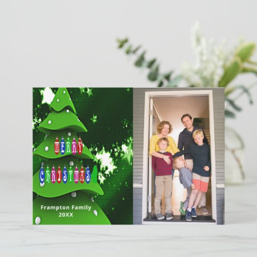 フォトフラットカード付き緑の偽クリスマスツリー シーズンカード (スタンド正面)