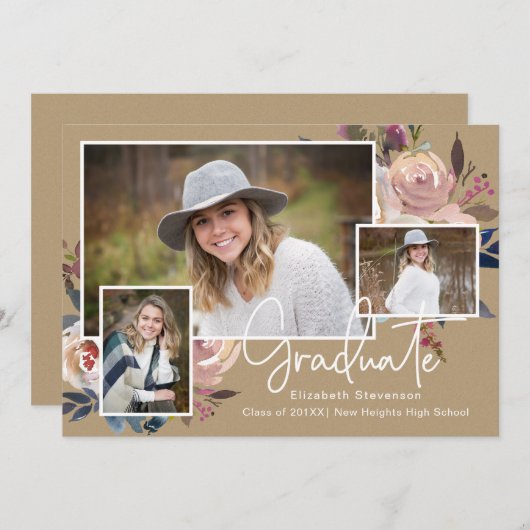 フォトフラワーパーソナライズされたの卒業式 招待状 (正面/裏面)