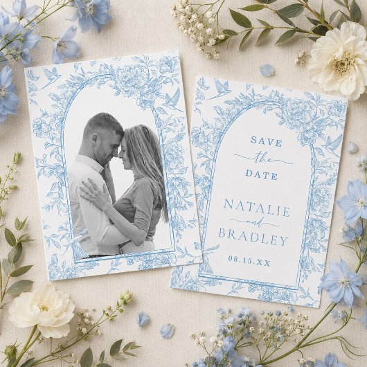 フォトフレンチブルーの花嫁結婚式のSave the Date 招待状