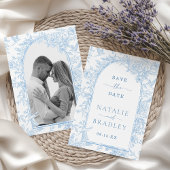 フォトフレンチブルーの花嫁結婚式のSave the Date 招待状