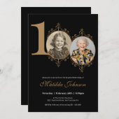 フォトフレームエレガントブラック金ゴールド100誕生日 招待状 (正面/裏面)