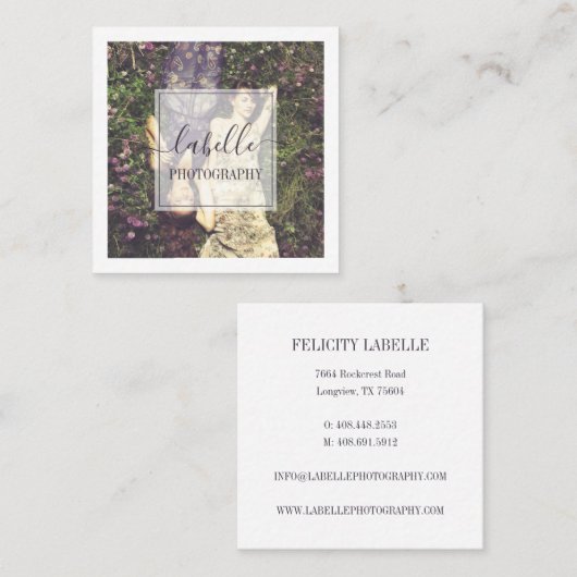 フォトフレームミニマルとスクリプエレガントト スクエア名刺 (正面/裏面)