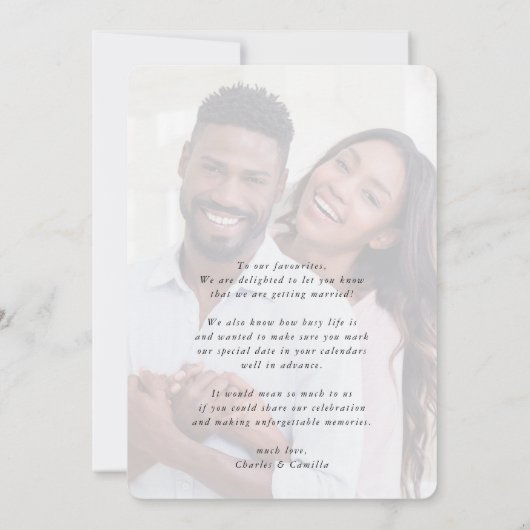 フォトフレームモダンハートのエレガント保存 招待状 (裏面)