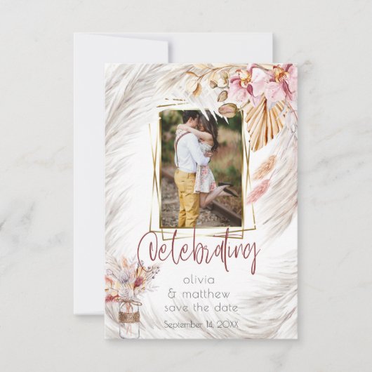 フォトフレーム素朴バーガンディーピンクアイボリーパンパスグラス 招待状 (正面)