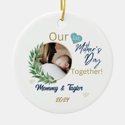 フォトフレーム、青、私たちの最初の母の日の一緒に セラミックオーナメント (正面)
