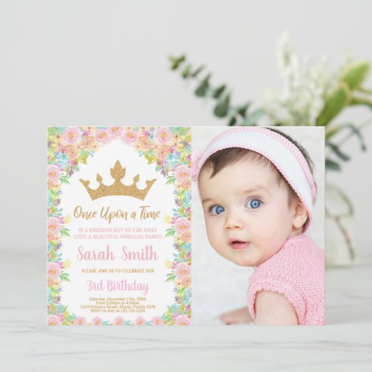 フォトフローラグリッタークラウンプリンセス誕生日 招待状 (スタンド正面)