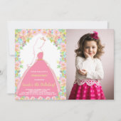 フォトフローラグリッターピンクプリンセス誕生日 招待状 (正面)