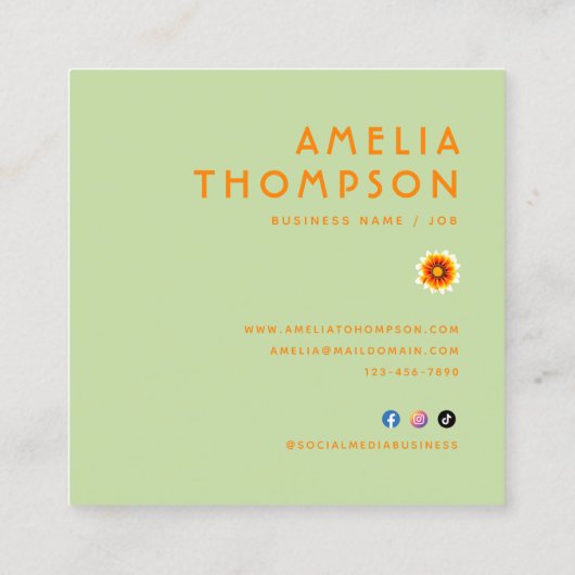 フォトフローラグリーンマスタードイエローレトロ花 スクエア名刺 (裏面)