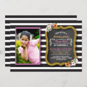 フォトフローラストライプフラワーピンク誕生日招待状 招待状 (正面/裏面)