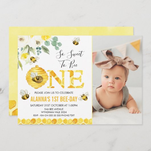 フォトフローラハニービーFirst Bee-day誕生日 招待状 (正面/裏面)