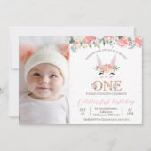 フォトフローラバニー顔いくつかのバニー1歳の誕生日 招待状 (正面)