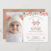 フォトフローラバニー顔いくつかのバニー1歳の誕生日 招待状 (正面/裏面)