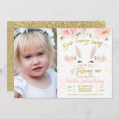 フォトフローラバニー顔1st誕生日招待状 招待状 (正面/裏面)