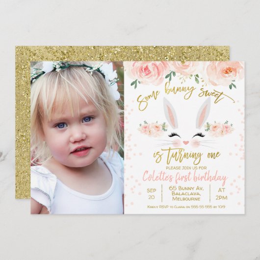 フォトフローラバニー顔1st誕生日招待状 招待状 (正面/裏面)