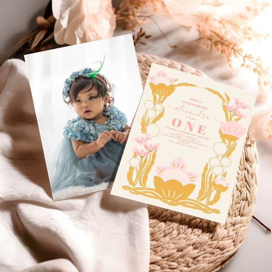 フォトフローラピンク金ゴールド1st誕生日 招待状