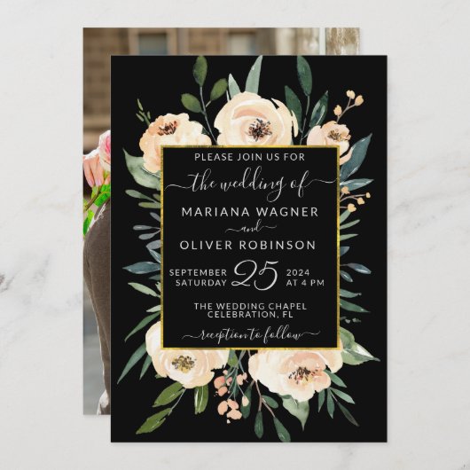 フォトフローラベージュ赤面バラ金ゴールドブラック結婚ズ 招待状 (正面/裏面)