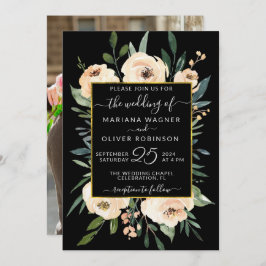 フォトフローラベージュ赤面バラ金ゴールドブラック結婚ズ 招待状