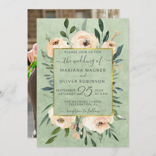 フォトフローラベージュ赤面バラ金ゴールド結婚ズ 招待状 (正面/裏面)