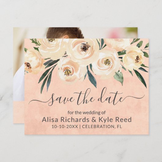 フォトフローラベージュ赤面バラ金ゴールド 案内状 (正面/裏面)