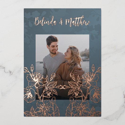 フォトフローララインアートバラ金ゴールド結婚ズ 箔招待状 (正面)