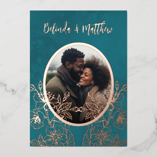 フォトフローララインアートバラ金ゴールド結婚ズ 箔招待状 (正面)