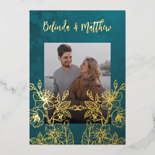フォトフローララインアート結婚金ゴールド 箔招待状 (正面)