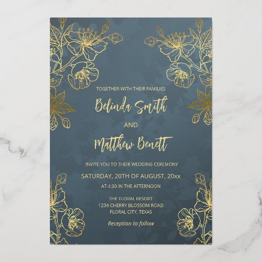 フォトフローララインアート結婚金ゴールド 箔招待状 (裏面)