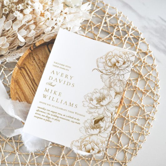 フォトフローラ牡丹白黄金エレガントな結婚式 招待状