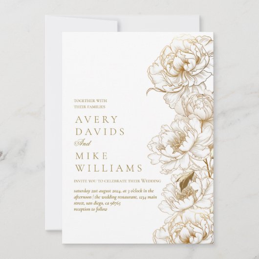フォトフローラ牡丹白黄金エレガントな結婚式 招待状 (正面)