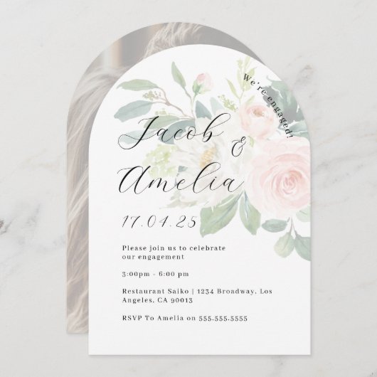 フォトフローラ赤面モダンアーチ婚約パーティ 招待状 (正面/裏面)