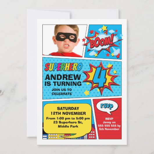 フォトブカラフルームスーパーヒーロー4歳の誕生日 招待状 (正面)