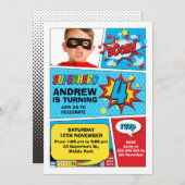フォトブカラフルームスーパーヒーロー4歳の誕生日 招待状 (正面/裏面)
