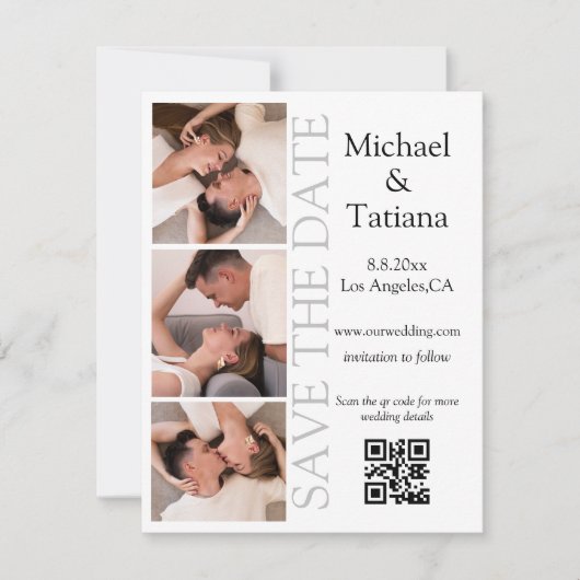 フォトブモダンーススクリプト3枚の写真qrコーミニマルド セーブザデート (正面)