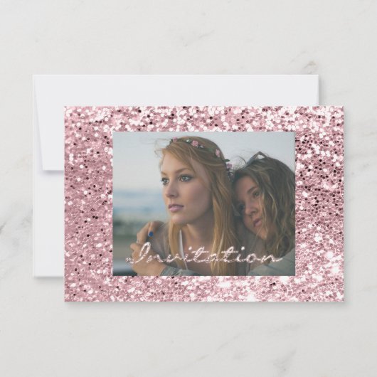 フォトブライダルシャワーバラグリッターピンク卒業 招待状 (裏面)