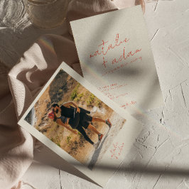 フォトブライトオレンジレトロお洒落おもしろい結婚ズ 招待状