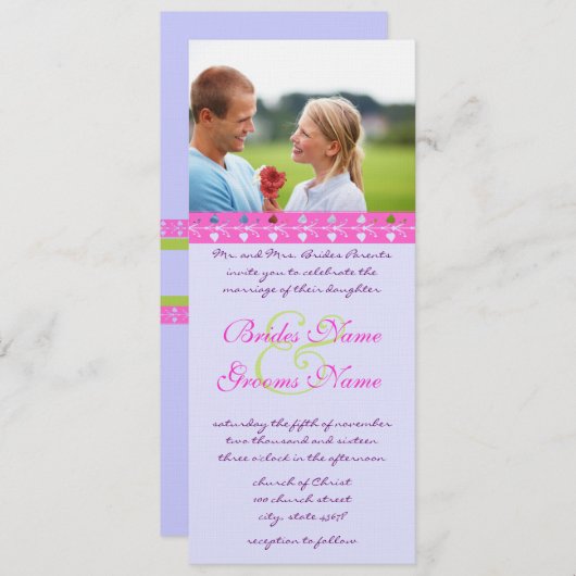 フォトブライトピンクとライムトリム結婚式招待状 招待状 (正面/裏面)