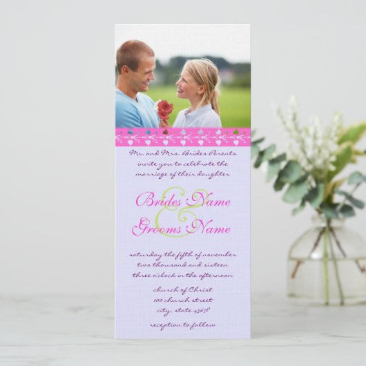 フォトブライトピンクとライムトリム結婚式招待状 招待状 (スタンド正面)
