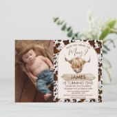 フォトブラウンハイランド牛のプリント1st誕生日 招待状 (スタンド正面)